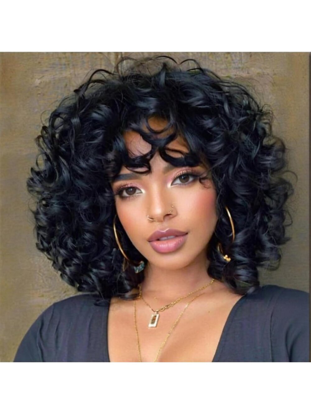 Soft Short Curly Wig with Bangs - Afro Kinky Curls, Heat Resistant, Natural Look